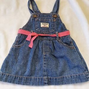 OshKosh B'gosh Denim Overall Dress with Pink Belt 12 Month 100% Cotton Vintage